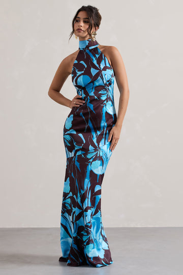 Adoria Floral Print Satin High-Neck Maxi Dress